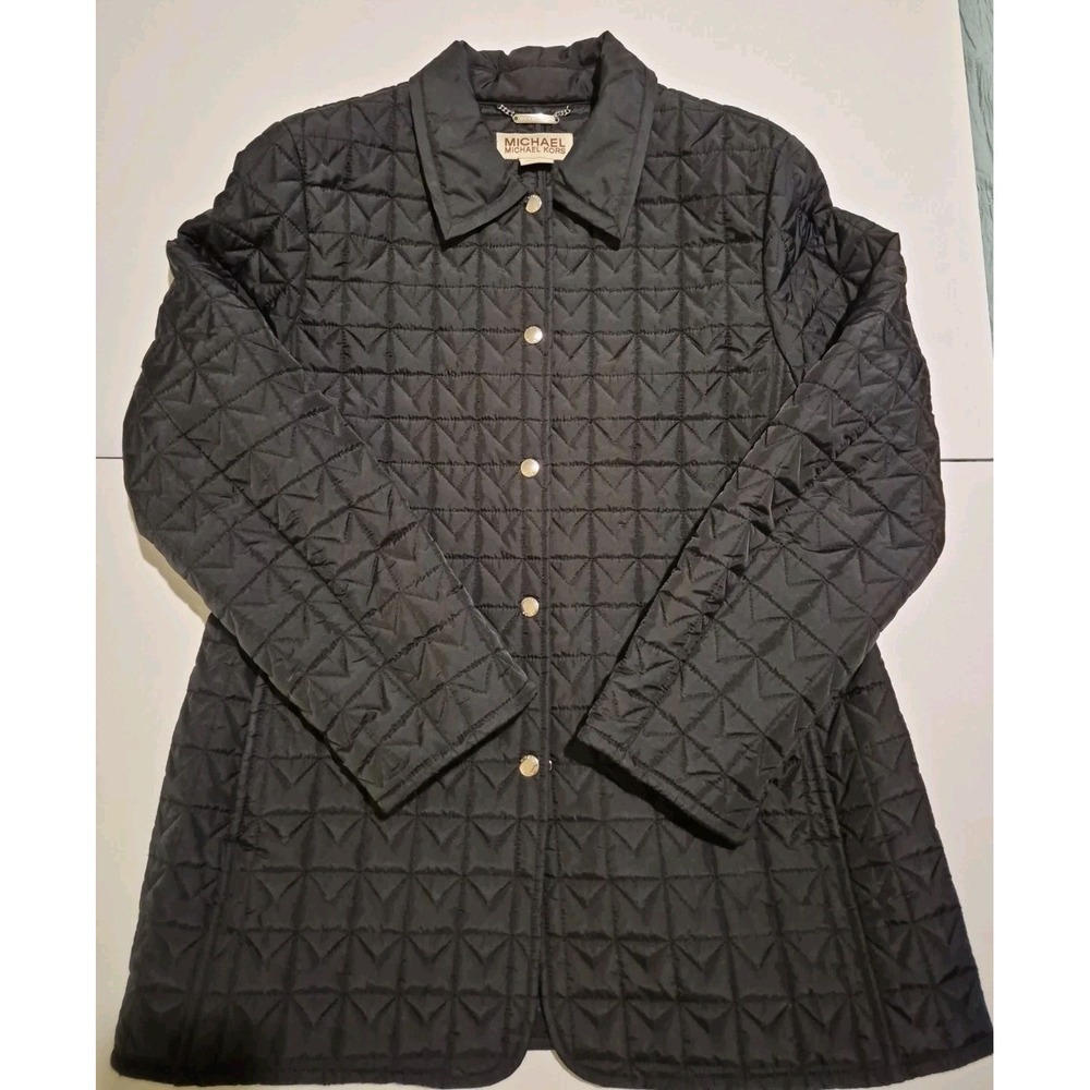 Michael Kors Diamond Quilted Collared Snap Jacket Black Womens Size L Equestrian